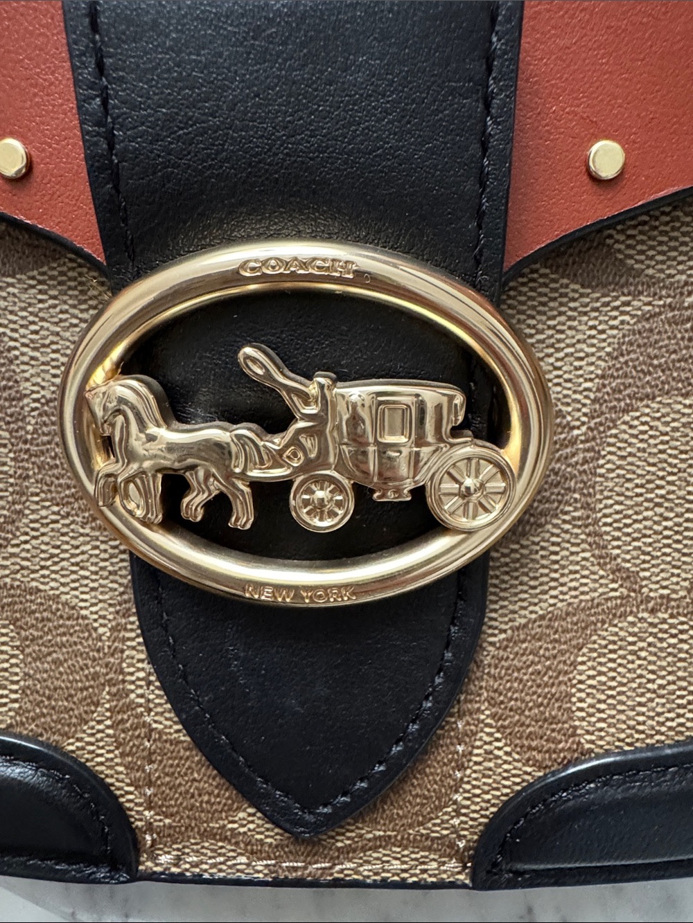 Coach Georgie Saddle Bag Colorblock Rust Flap & Black Trim - Picture 2 of 14